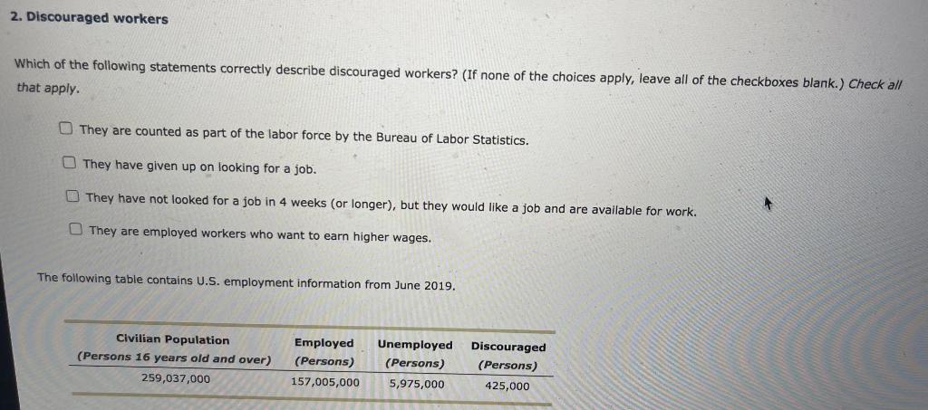 Solved 2. Discouraged workers Which of the following | Chegg.com