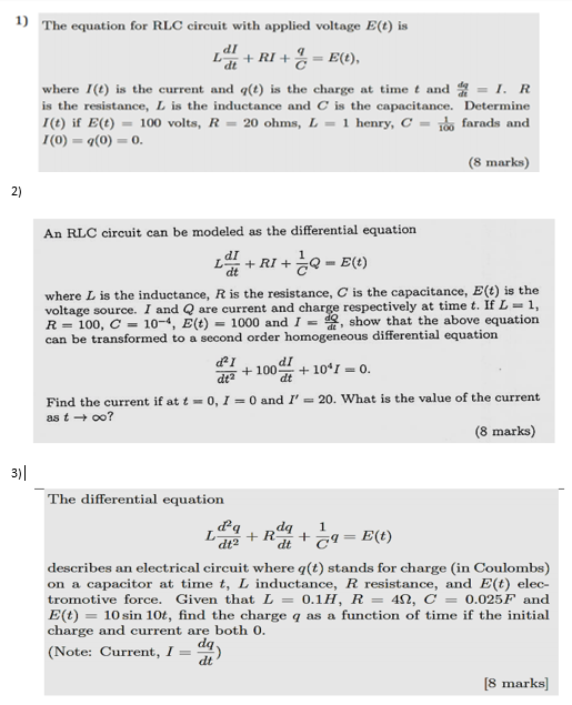 1 The Equation For Rlc Circuit With Applied Volta Chegg Com