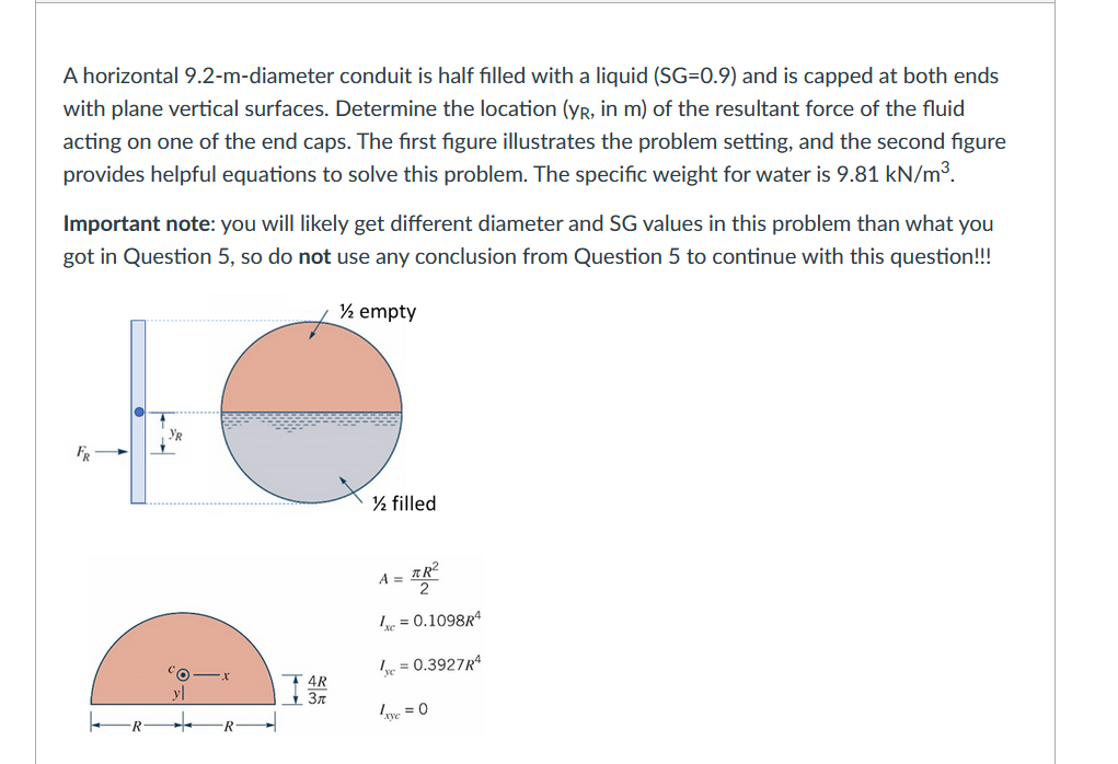 A horizontal 9.2-m-diameter conduit is half filled with a liquid \( (\mathrm{SG}=0.9) \) and is capped at both ends with plan