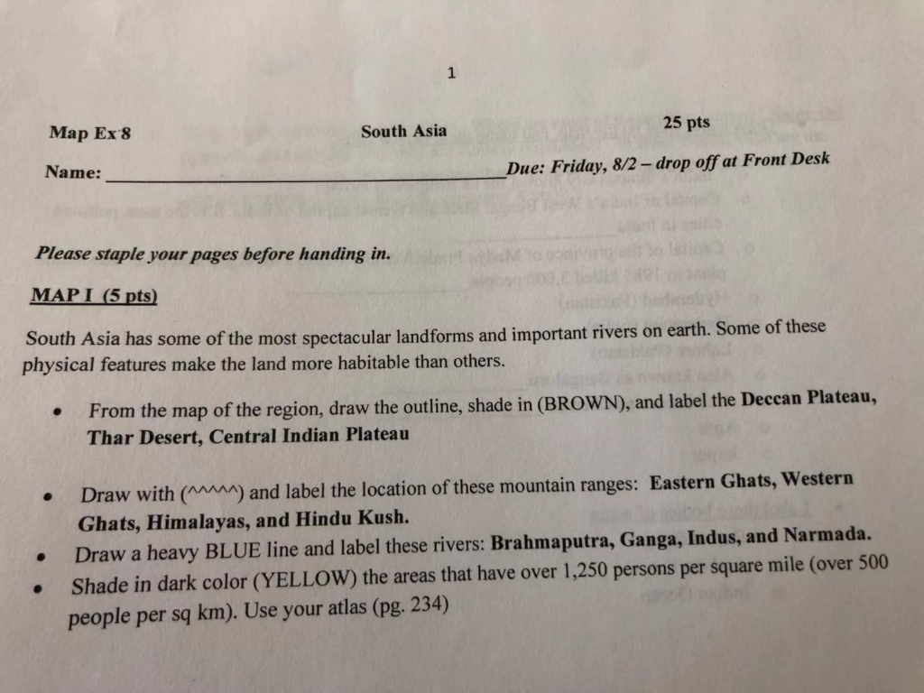 Solved Map Ex 8 South Asia 25 Pts Name Due Friday 82