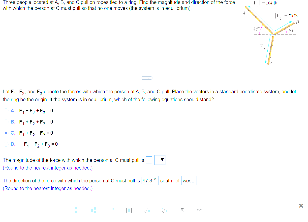 Solved = 104 1b Three people located at A, B, and C pull on | Chegg.com