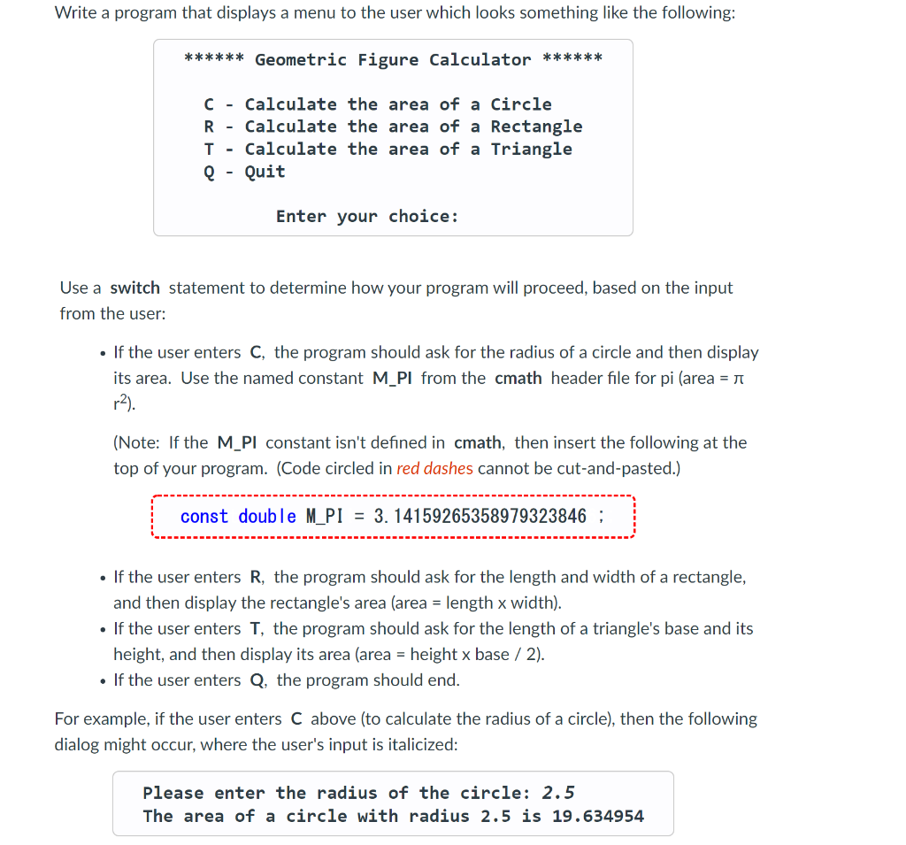 Solved Write a program that displays a menu to the user | Chegg.com