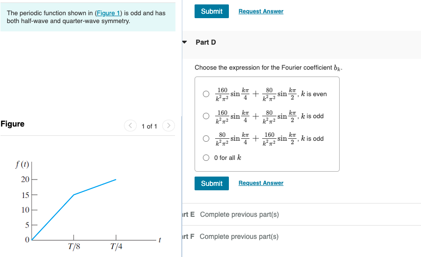 The periodic function shown in (Figure 1) is odd and has
both half-wave and quarter-wave symmetry.
Submit
Request Answer
Part