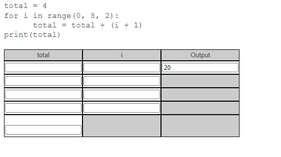 Solved total = 4 for i in range (0, 8, 2): total = total + | Chegg.com