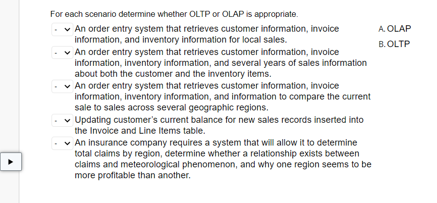 Solved A. OLAP B. OLTP For Each Scenario Determine Whether | Chegg.com