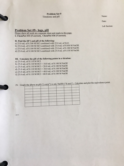 Solved Problem Set 9 Titrations and pH Name Date Lab