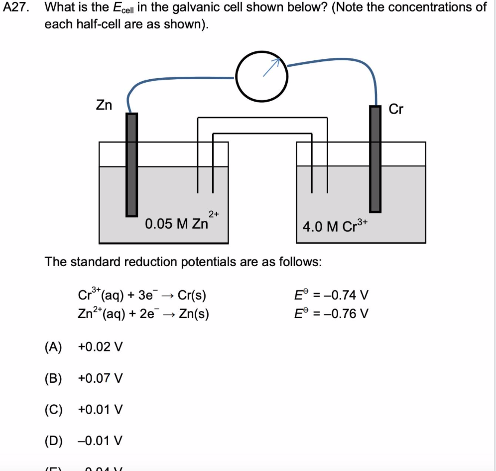 Solved A27 What is the Ecell in the galvanic cell shown | Chegg.com