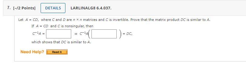 Solved 7. [-12 Points) DETAILS LARLINALG8 6.4.037. Let A = | Chegg.com