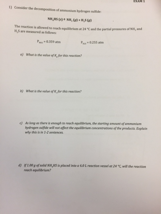 Solved EXAM 1 1) Consider the decomposition of ammonium | Chegg.com