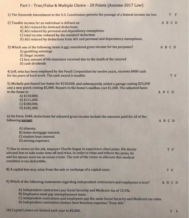 Solved Part I - True/False & Multiple Choice - 20 Points | Chegg.com