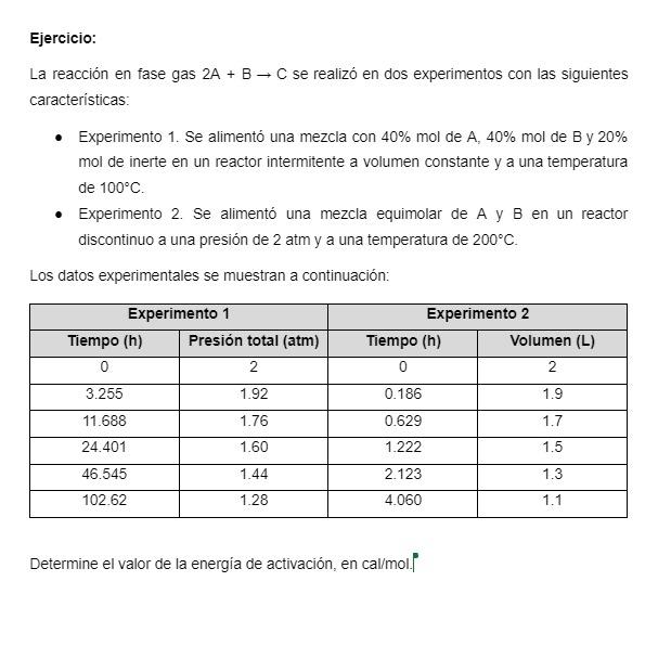 Ejercicio: La reacción en fase gas \( 2 A+B \rightarrow C \) se realizó en dos experimentos con las siguientes caracteristica