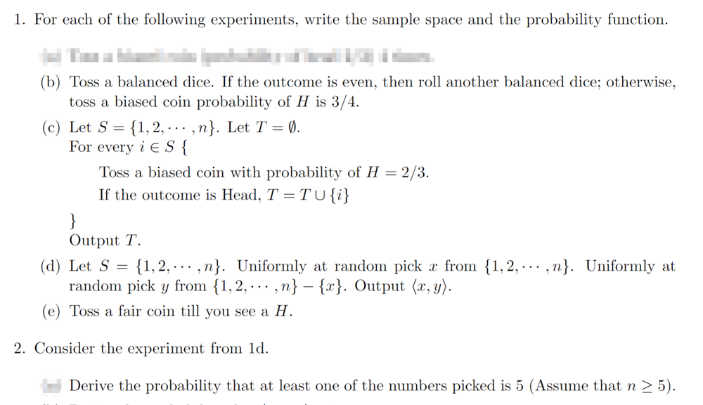 1. For Each Of The Following Experiments, Write The | Chegg.com