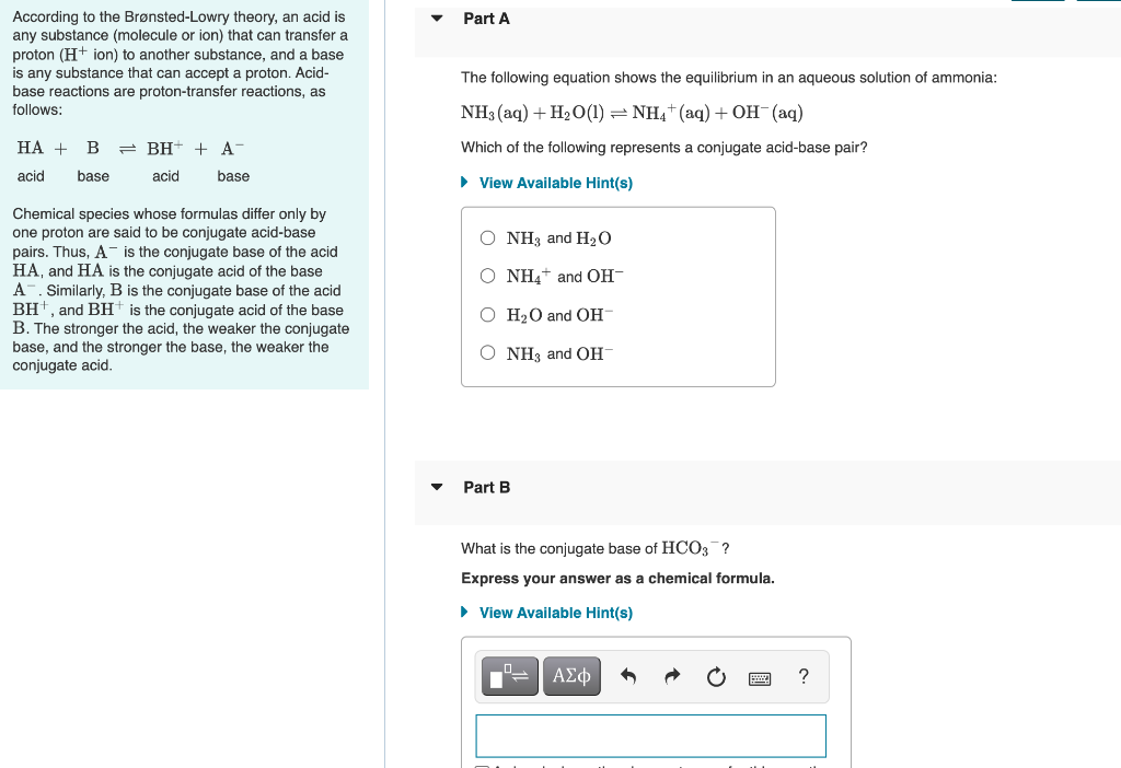 Solved Part A According To The Brønsted-Lowry Theory, An | Chegg.com