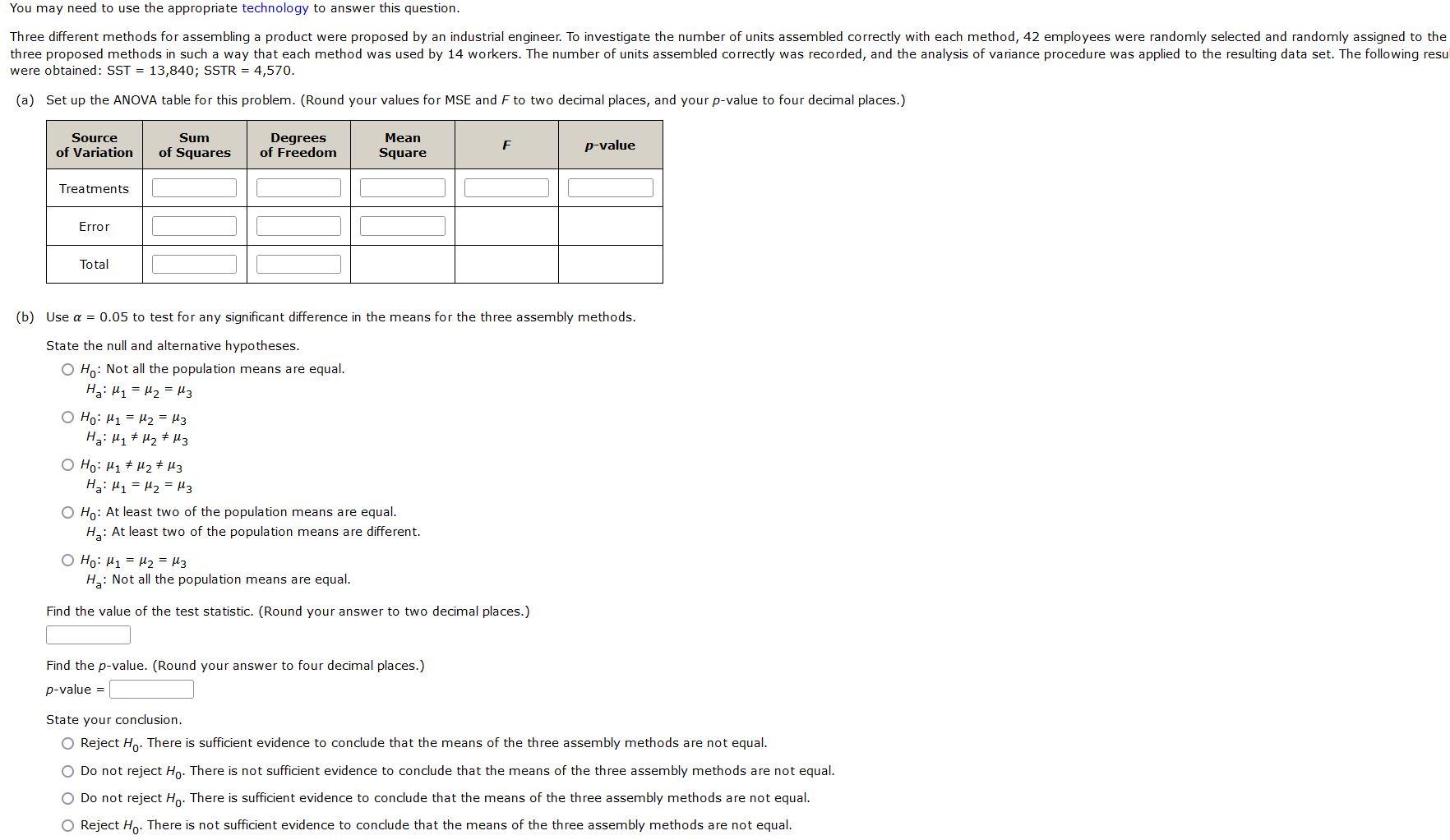 Solved were obtained: SST =13,840; SSTR =4,570. (a) Set up | Chegg.com