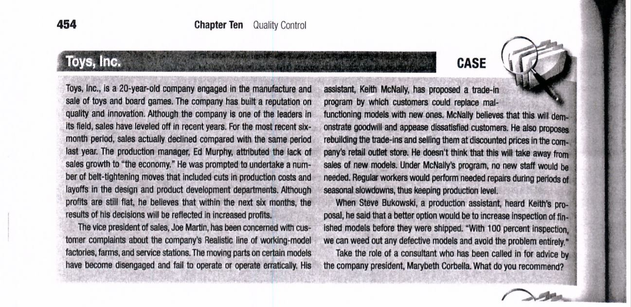 Solved 454 Chapter Ten Quality Control Toys, Inc. CASE Toys,