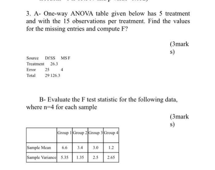 Solved 3. A- One-way ANOVA table given below has 5 treatment | Chegg.com