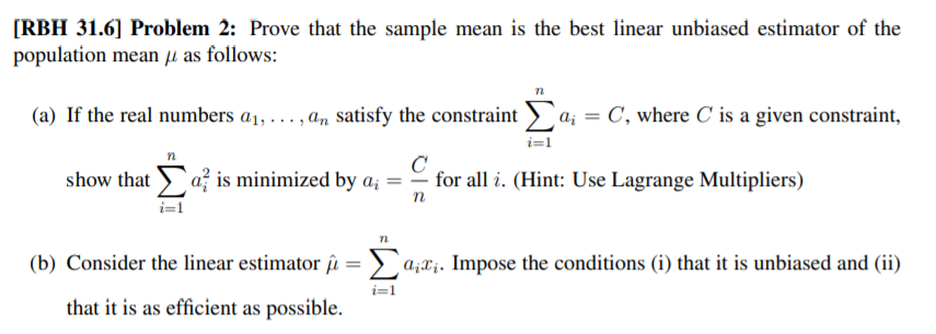 Solved Rbh 31 6 Problem 2 Prove That The Sample Mean Is Chegg Com