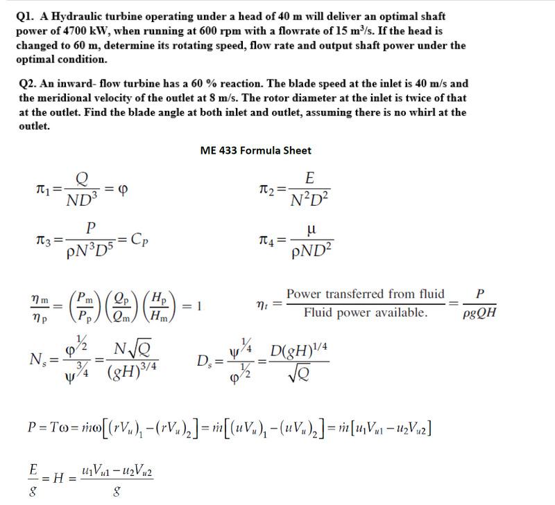 Solved Q1. A Hydraulic Turbine Operating Under A Head Of 40 | Chegg.com