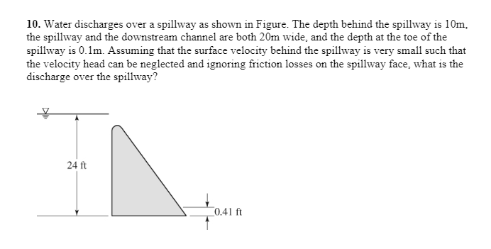 Solved 10. Water discharges over a spillway as shown in | Chegg.com
