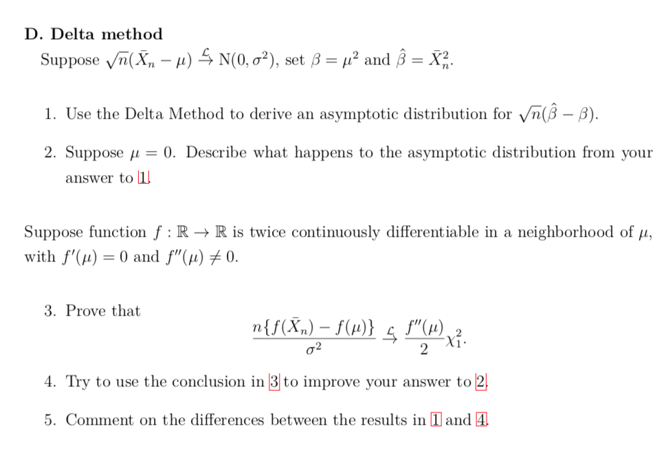 Solved D. Delta method Suppose Vacin – u) 4 N(0,02), set B = | Chegg.com