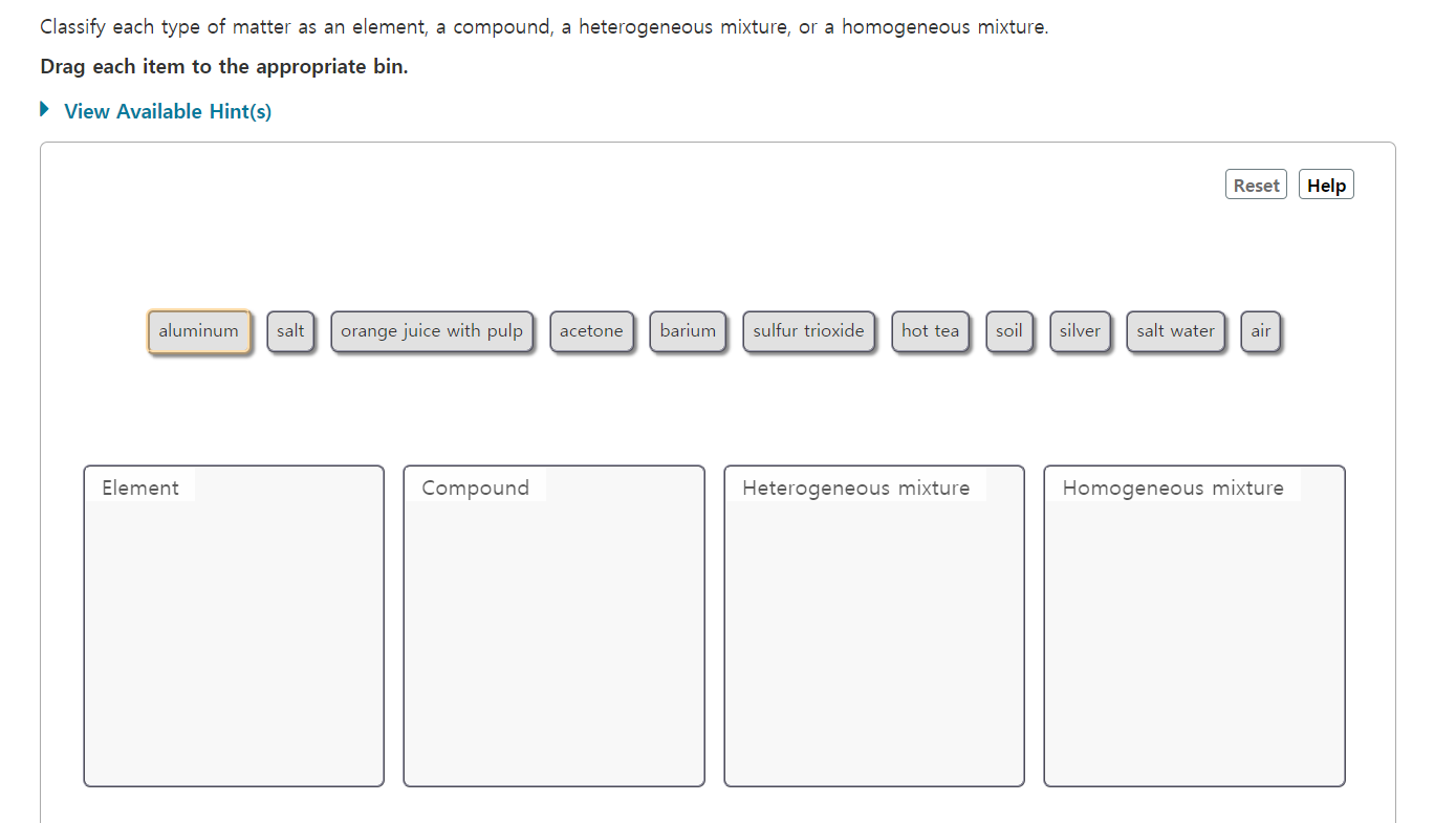 Solved Classify each type of matter as an element, a