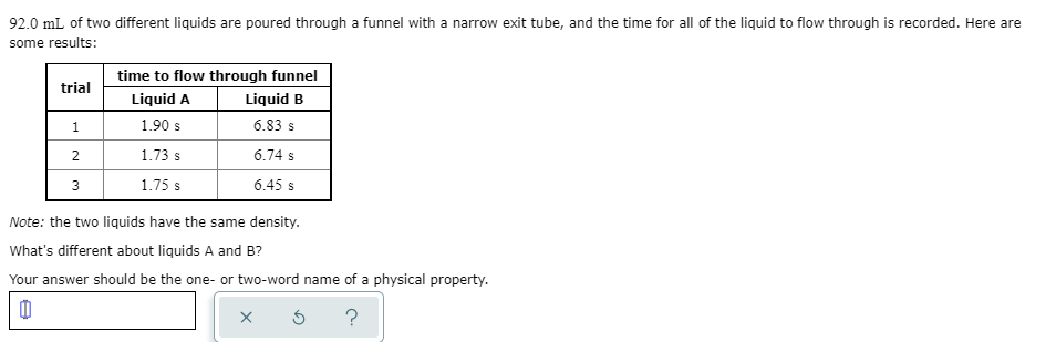 Solved 92.0 mL of two different liquids are poured through a | Chegg.com