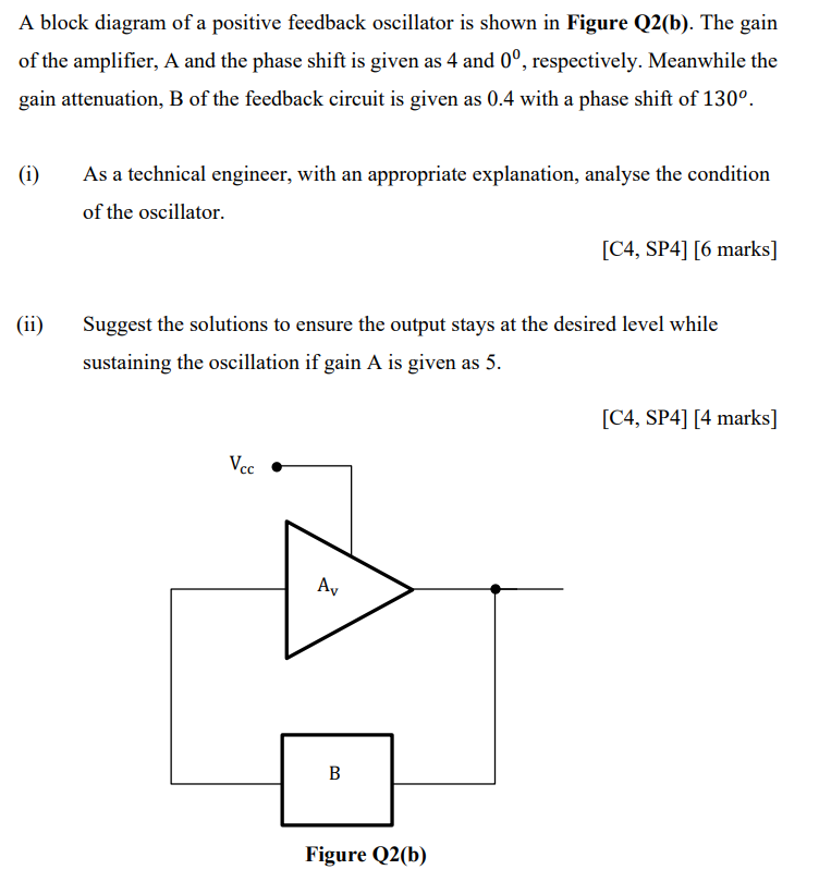 A block diagram of a positive feedback oscillator is shown in Figure Q2(b). The gain
of the amplifier, A and the phase shift 