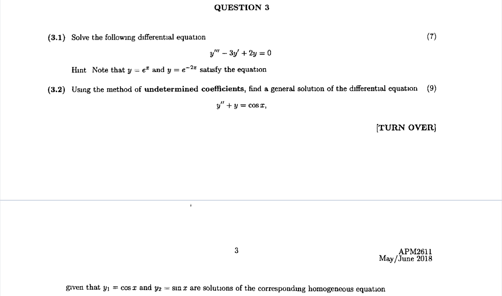 Solved QUESTION 3 (7) (3.1) Solve the following differential | Chegg.com