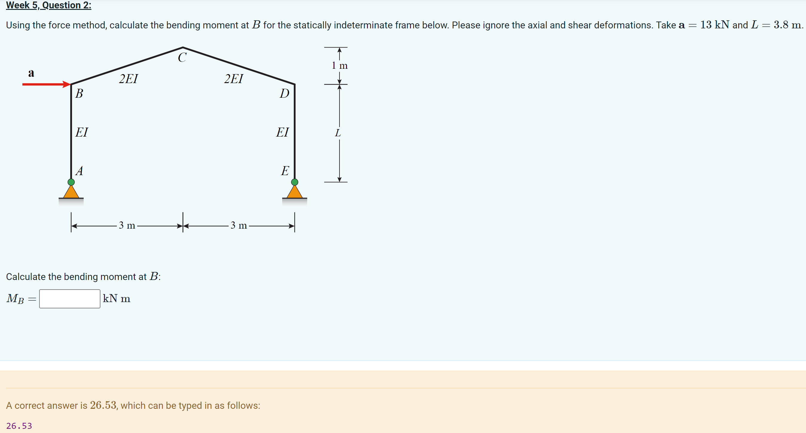 Week 5, ﻿Question 2Using the force method, calculate