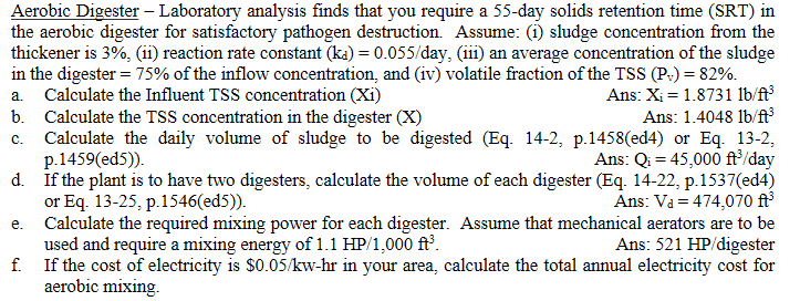 Solved a. C. Aerobic Digester - Laboratory analysis finds | Chegg.com