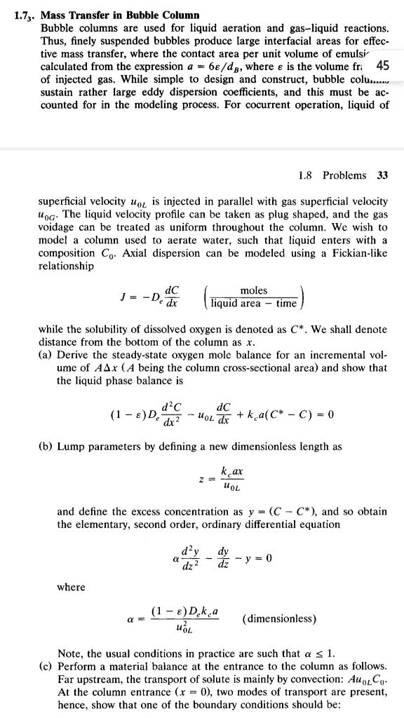 Solved 1.73. Mass Transfer in Bubble Column Bubble columns | Chegg.com
