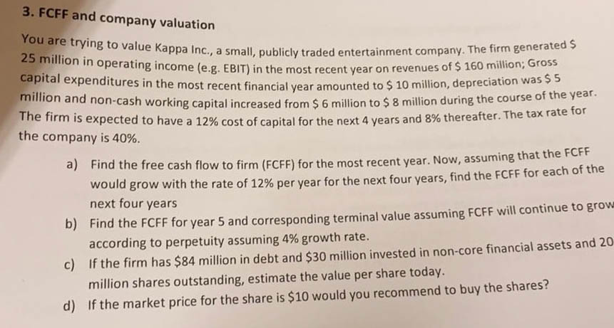 Solved 3 Fcff And Company Valuation You Are Trying To Value Chegg Solved 3 Fcff And Company Valuation You Are Trying To Value Chegg