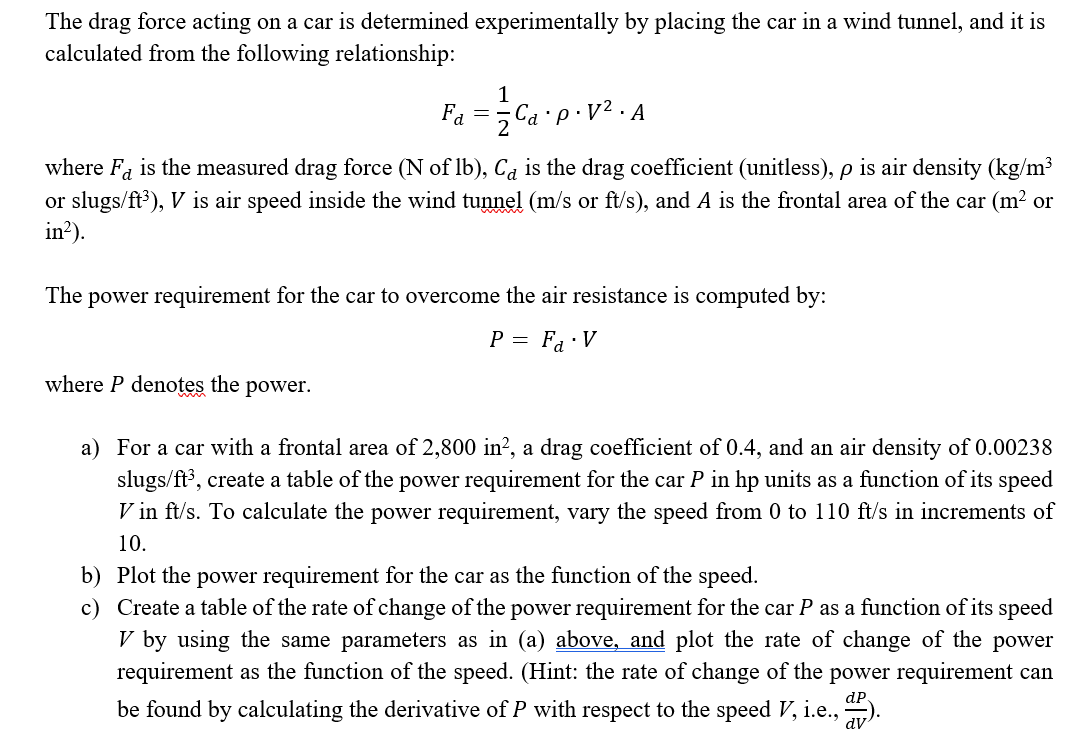 Solved The drag force acting on a car is determined | Chegg.com