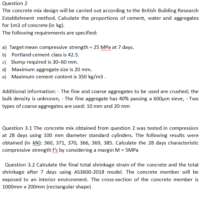 Solved The concrete mix design will be carried out according