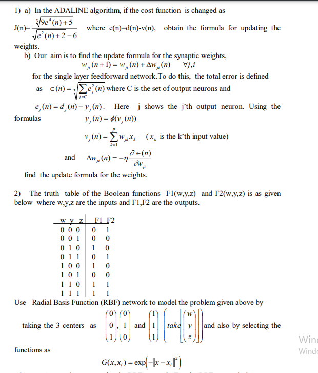 Je P K 1 1 A In The Adaline Algorithm If The Co Chegg Com