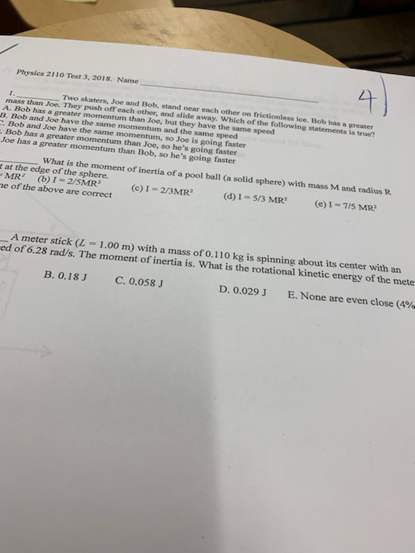 Solved 4) Physics 2110 Test 3, 2018. Name Two skaters, Joe | Chegg.com