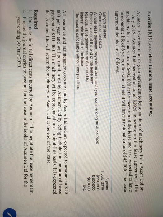 Solved Exercise 10.13 Lease Classification, Lease Accounting | Chegg.com