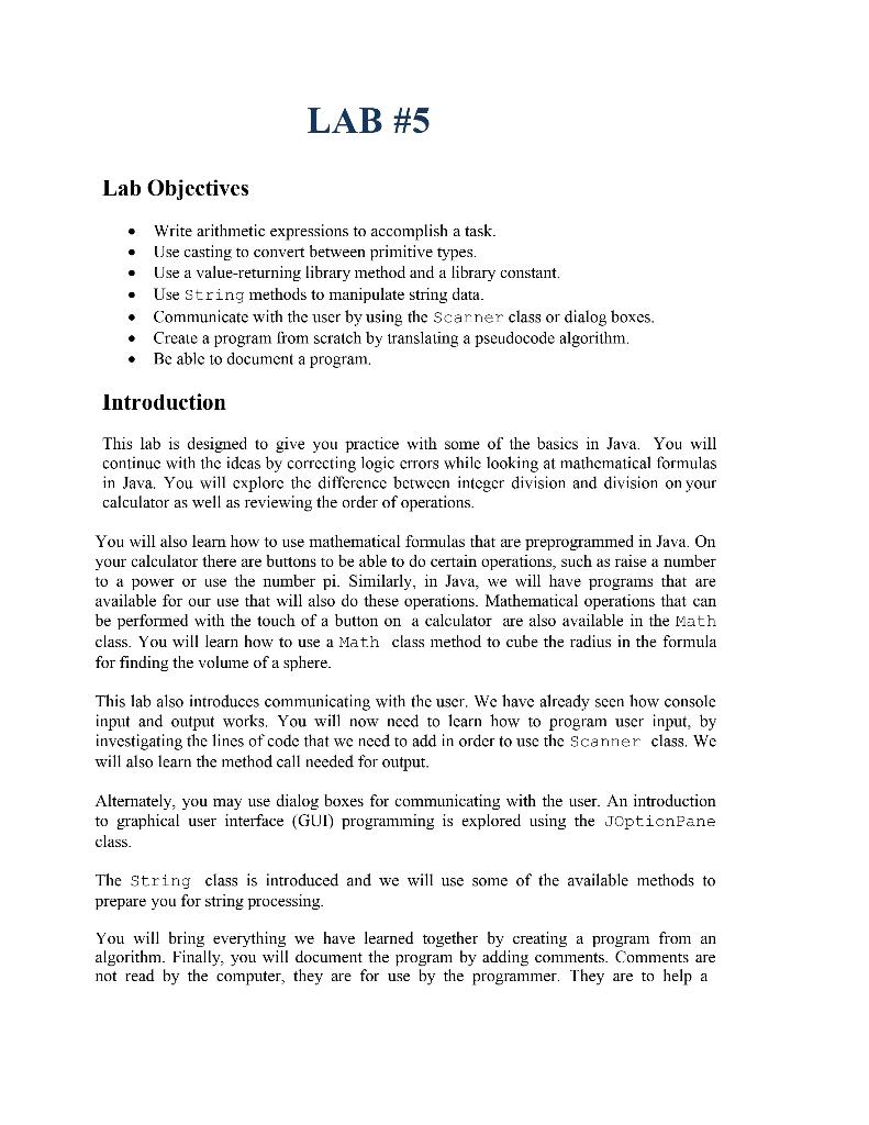 Solved LAB #5 Lab Objectives Write arithmetic expressions to | Chegg.com