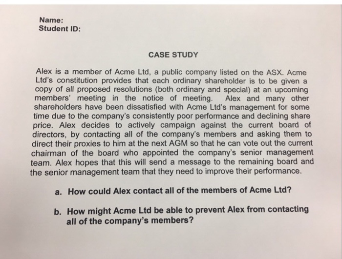 Solved Name: Student ID: CASE STUDY Alex is a member of Acme | Chegg.com