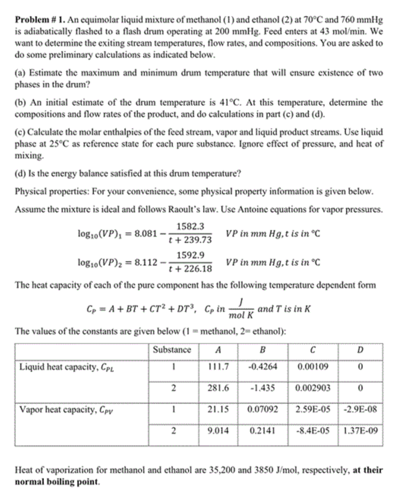 Problem # 1. An equimolar liquid mixture of methanol | Chegg.com