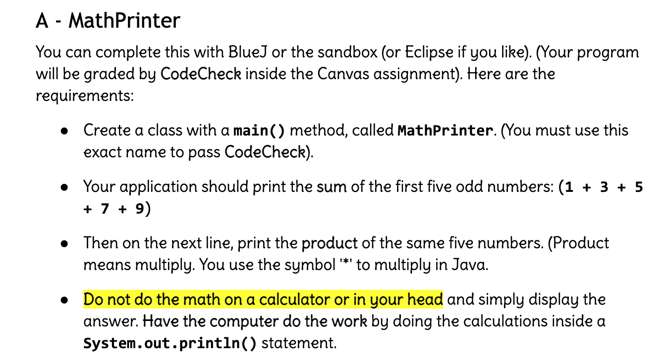 Solved A - MathPrinter You can complete this with BlueJ or | Chegg.com