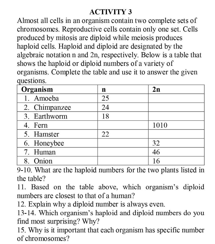 Solved n ACTIVITY 3 Almost all cells in an organism contain