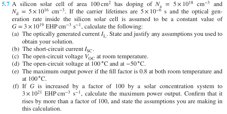 Solved 5.7 A silicon solar cell of area 100 cm2 has doping | Chegg.com