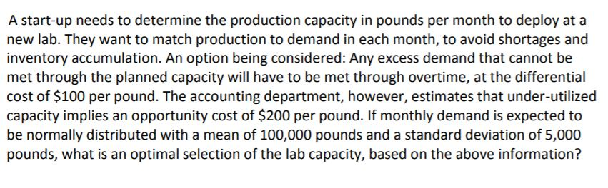 Solved A Start-up Needs To Determine The Production Capacity | Chegg.com