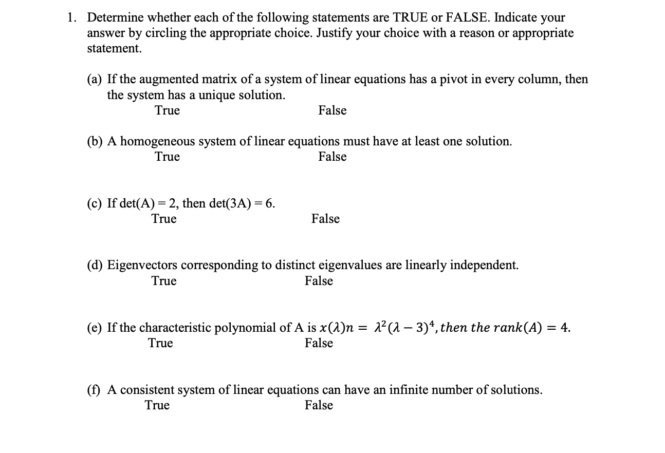 Solved Determine Whether Each Of The Following Statements | Chegg.com