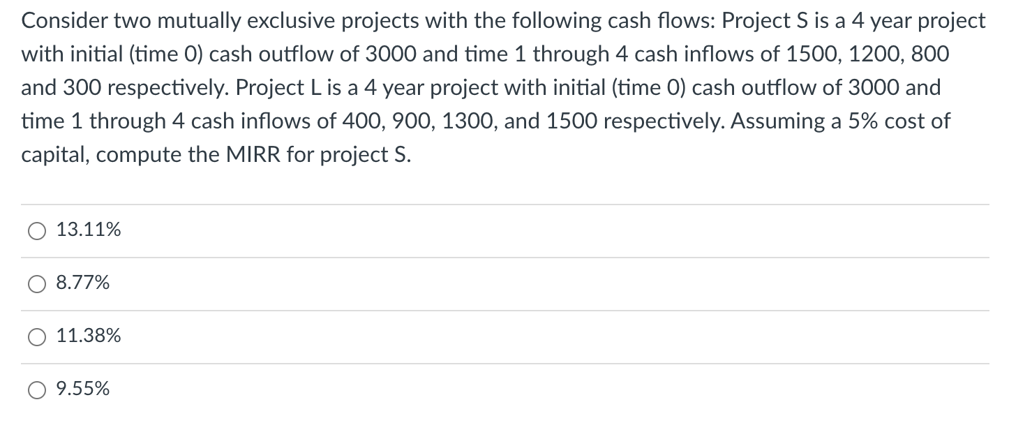 Solved Consider two mutually exclusive projects with the | Chegg.com