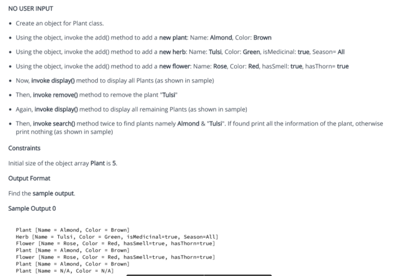 NO USER INPUT • Create an object for Plant class. • | Chegg.com