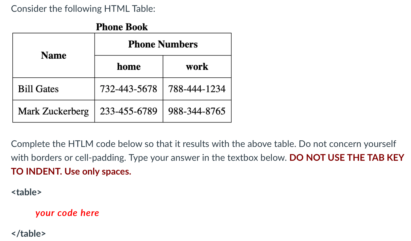 Solved Consider the following HTML Table: Phone Book Phone | Chegg.com