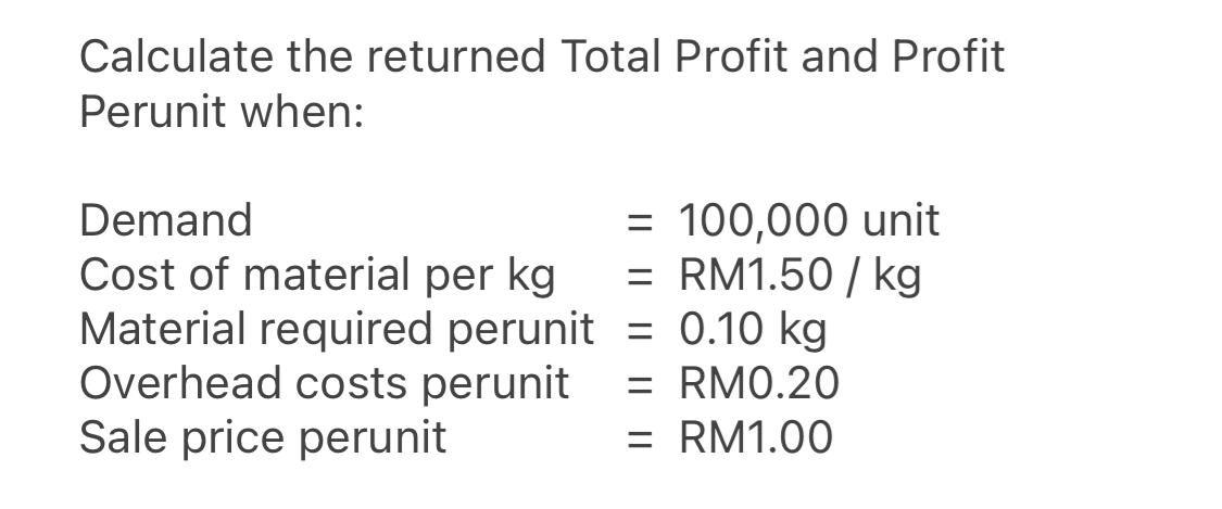 Solved Calculate the returned Total Profit and Profit | Chegg.com