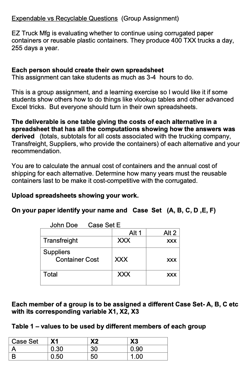 Expendable vs Recyclable Questions (Group Assignment) | Chegg.com